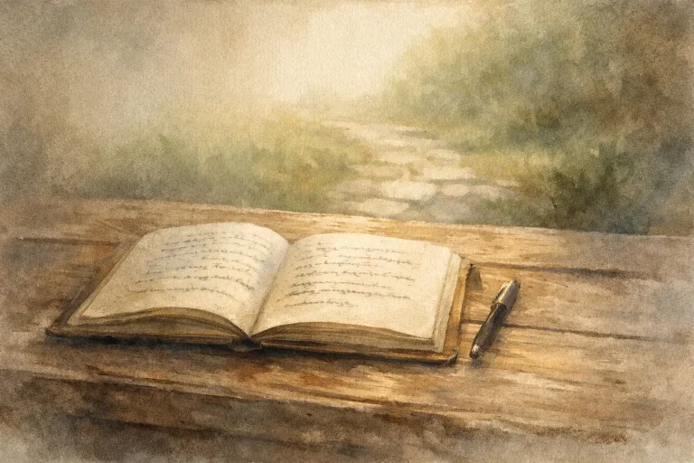 Carnet ouvert sur table boisée, écriture comme refuge intérieur et espace de transmission.