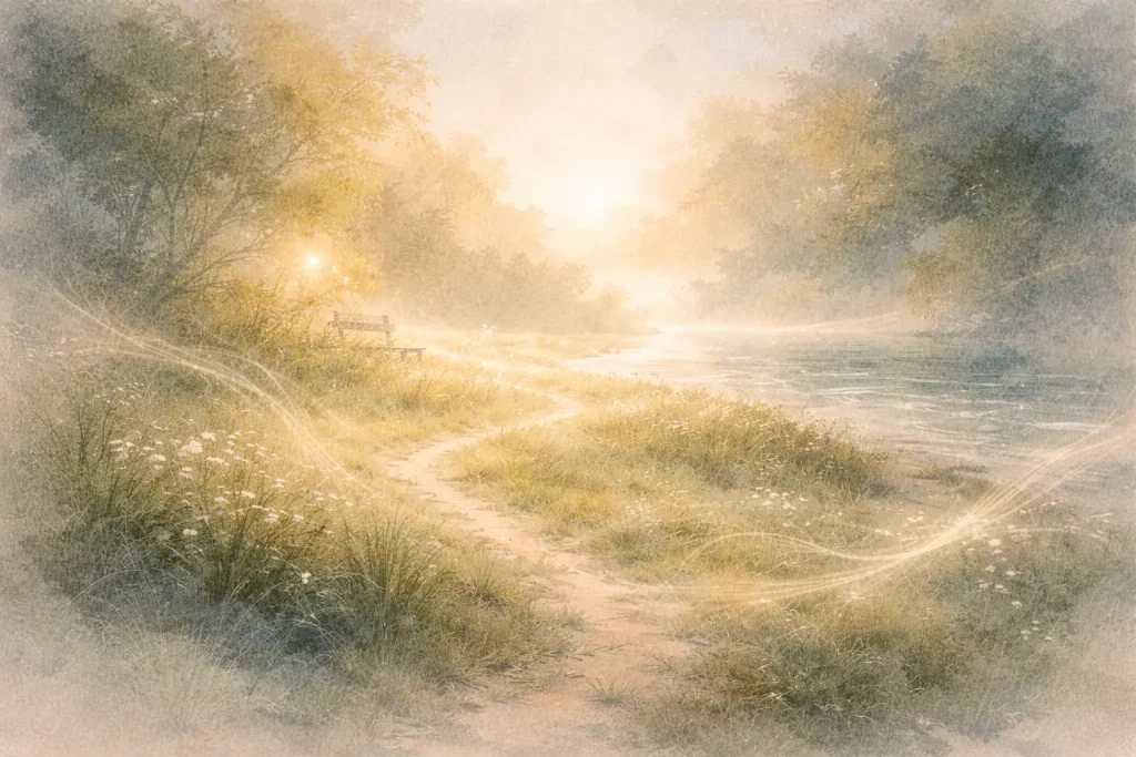 Sentier lumineux menant à un banc près de l’eau — métaphore du voyage intérieur et de l’écriture poétique.