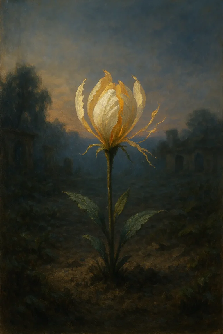 Fleur qui s’ouvre trop vite à l’aube dans un jardin ancien, symbole d’une croissance précipitée.