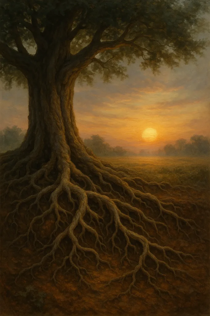 Arbre élancé dont les racines s’étirent dangereusement dans une terre sèche, éclairées de lueurs dorées — métaphore du coût caché de la croissance.