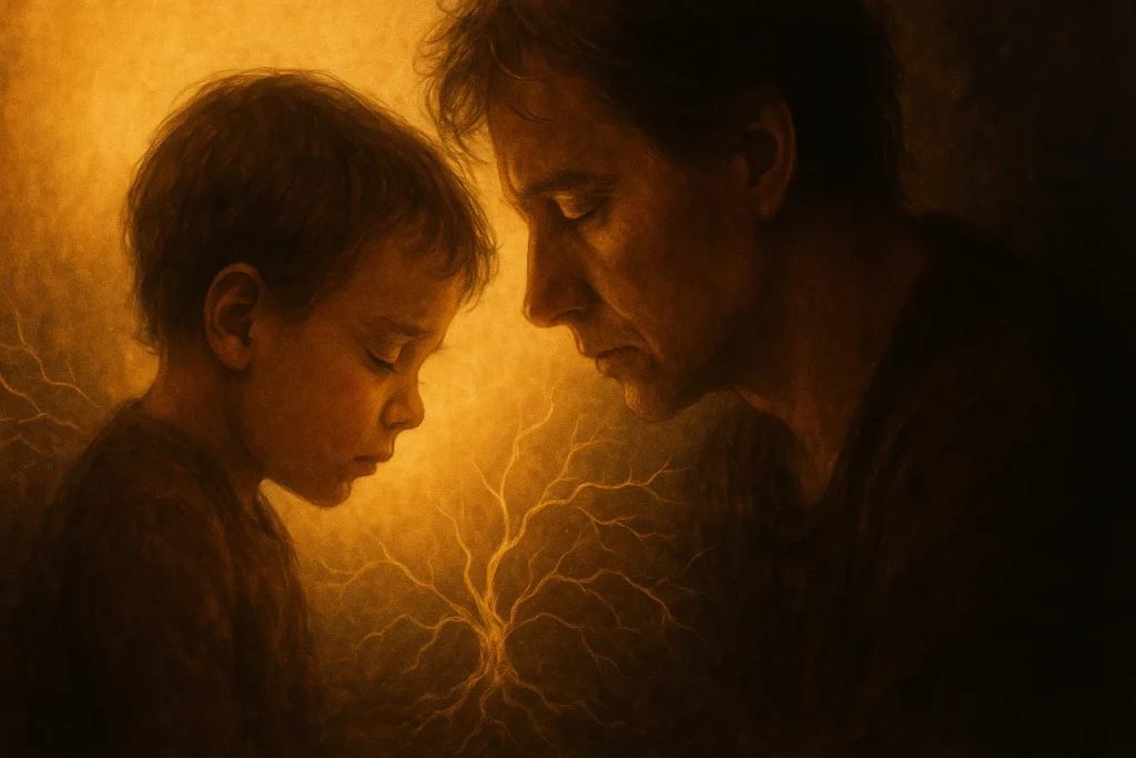 Parent et enfant rapprochés, reliés par des racines lumineuses symbolisant la mémoire émotionnelle, les traumas réveillés et la guérison possible.