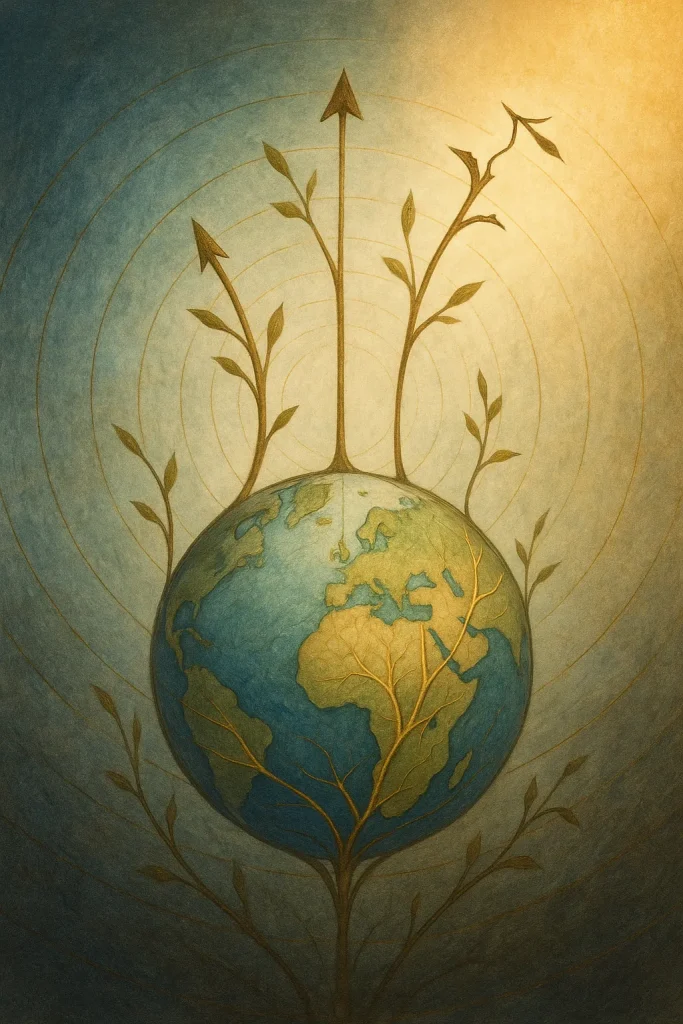 Illustration poétique montrant la Terre entourée de cercles limites et de pousses ascendantes dont certaines se brisent — symbole du paradoxe d’une croissance infinie dans un monde fini.