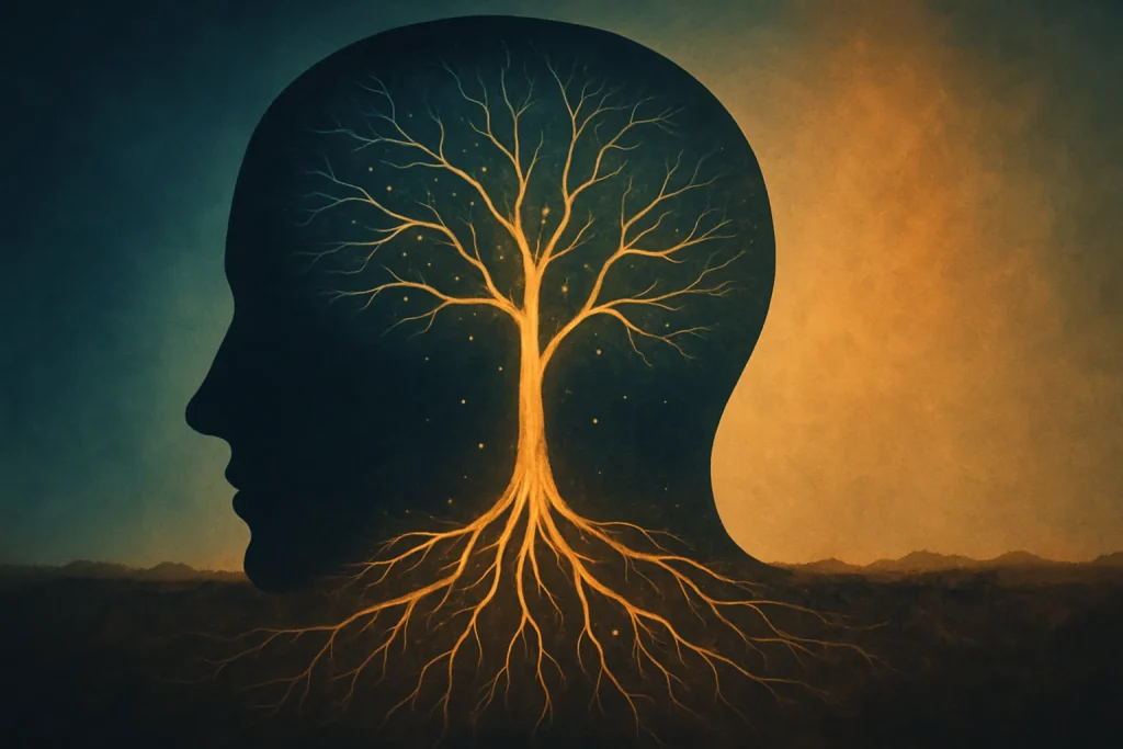 Silhouette humaine laissant apparaître un arbre lumineux dont les racines plongent dans la terre — symbole de la mémoire traumatique et de la guérison intérieure.