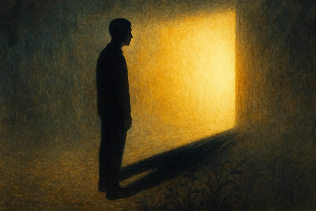 Silhouette humaine face à une lumière intense projetant une ombre disproportionnée qui recouvre des plantes — symbole du prix intérieur d’une croissance sans conscience.