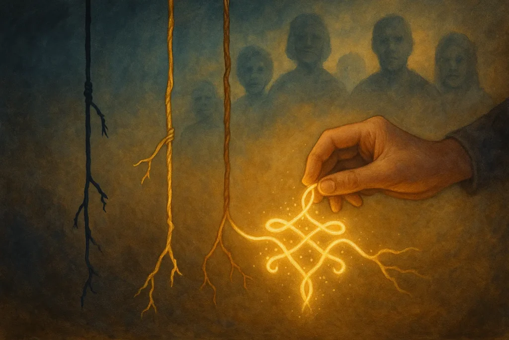 Fils symboliques d’ancêtres blessés et retissés par une main lumineuse, métaphore des lignées familiales en réparation.