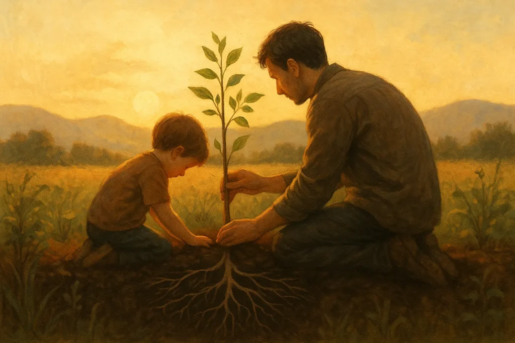 Adulte et enfant plantant ensemble un jeune arbre dans une lumière dorée, symbole de transmission, de limites heureuses et d’une croissance régénérative.