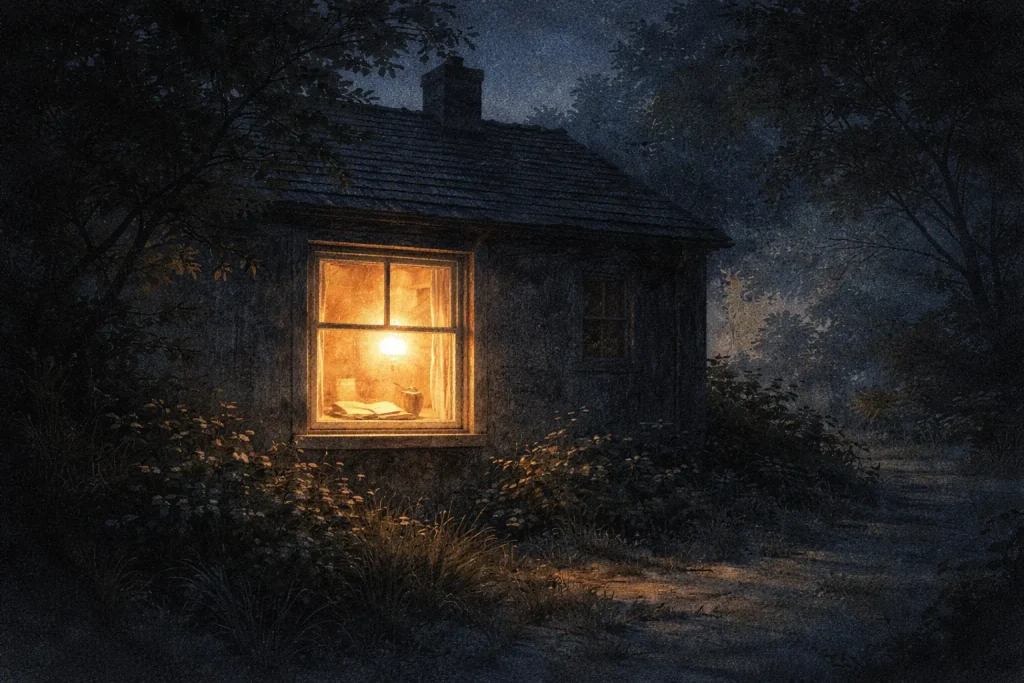 Carnet éclairé dans une maison nocturne — écriture comme refuge et transmission silencieuse.