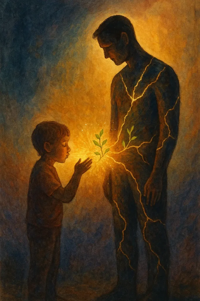 Parent fissuré d’or réparé par le souffle lumineux de son enfant — symbolique de la guérison mutuelle et des saisons intérieures.