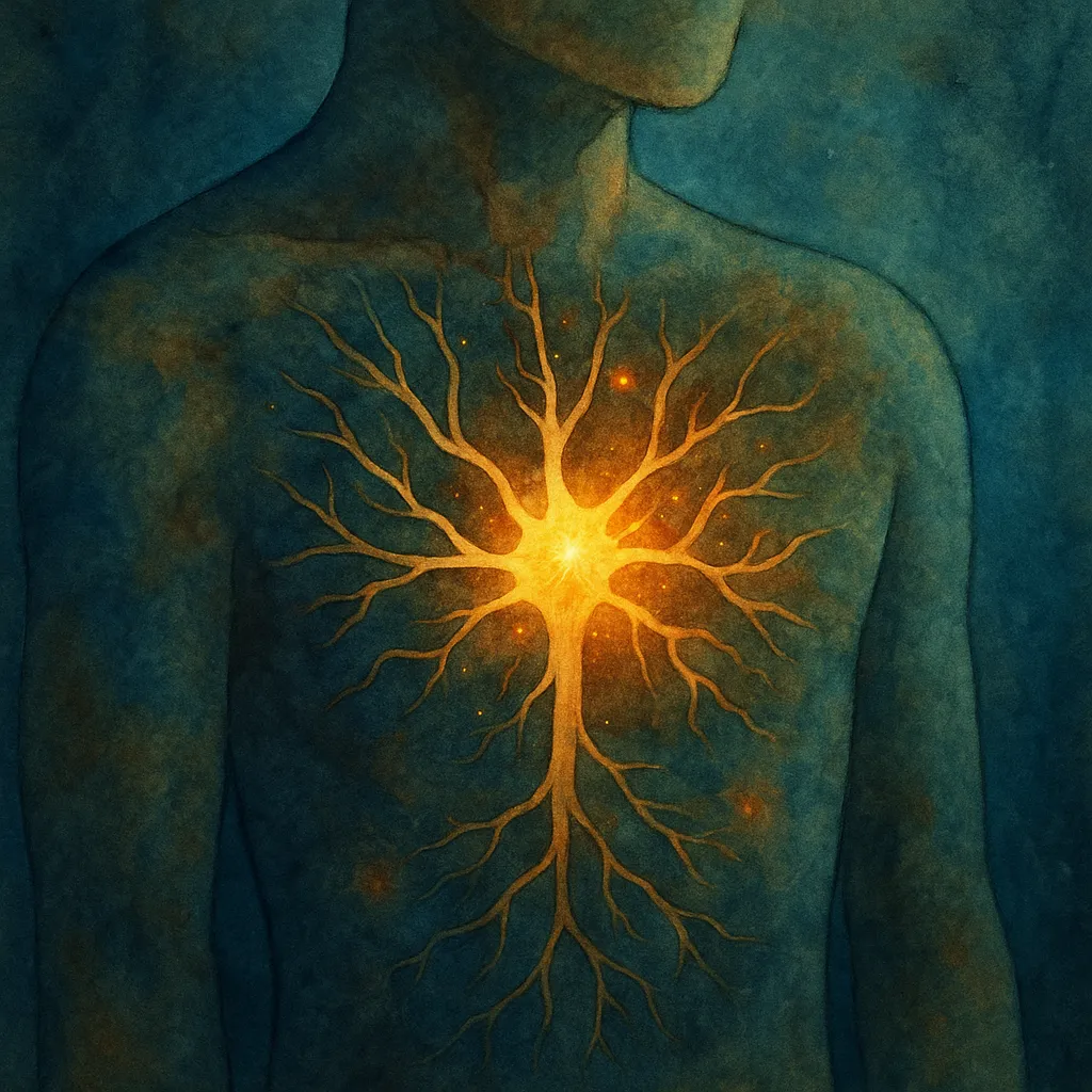 Arbre neuronal lumineux dans une silhouette — symbolique du système nerveux modifié par le trauma.