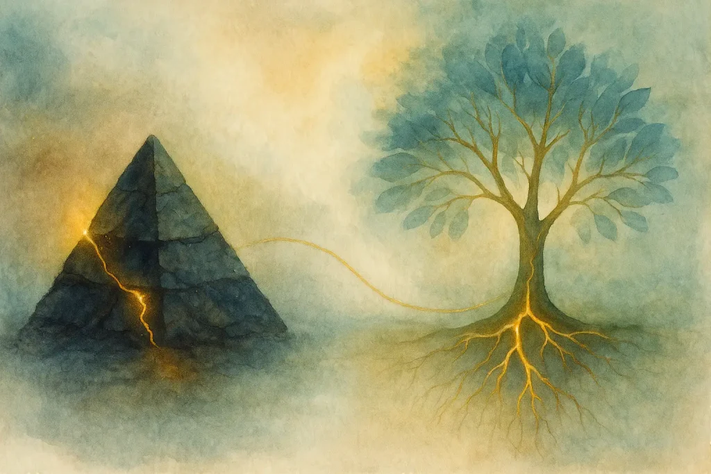 Infographie poétique représentant deux formes de croissance reliées par un fil doré — une pyramide sombre et un arbre lumineux, symbole d’une transition vers une croissance vivante et consciente.