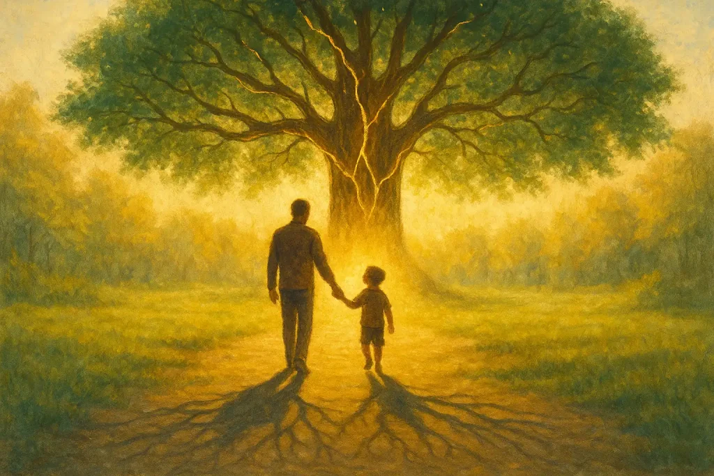 Parent et enfant marchant dans une clairière sous un arbre réparé d’or, leurs ombres devenant des racines vigoureuses — symbole de transmission apaisée et de lignée guérie.