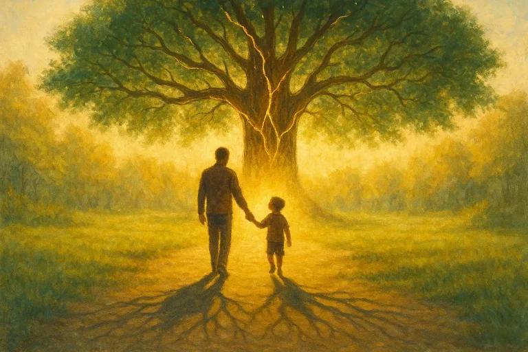 Parent et enfant marchant dans une clairière sous un arbre réparé d’or, leurs ombres devenant des racines vigoureuses — symbole de transmission apaisée et de lignée guérie.