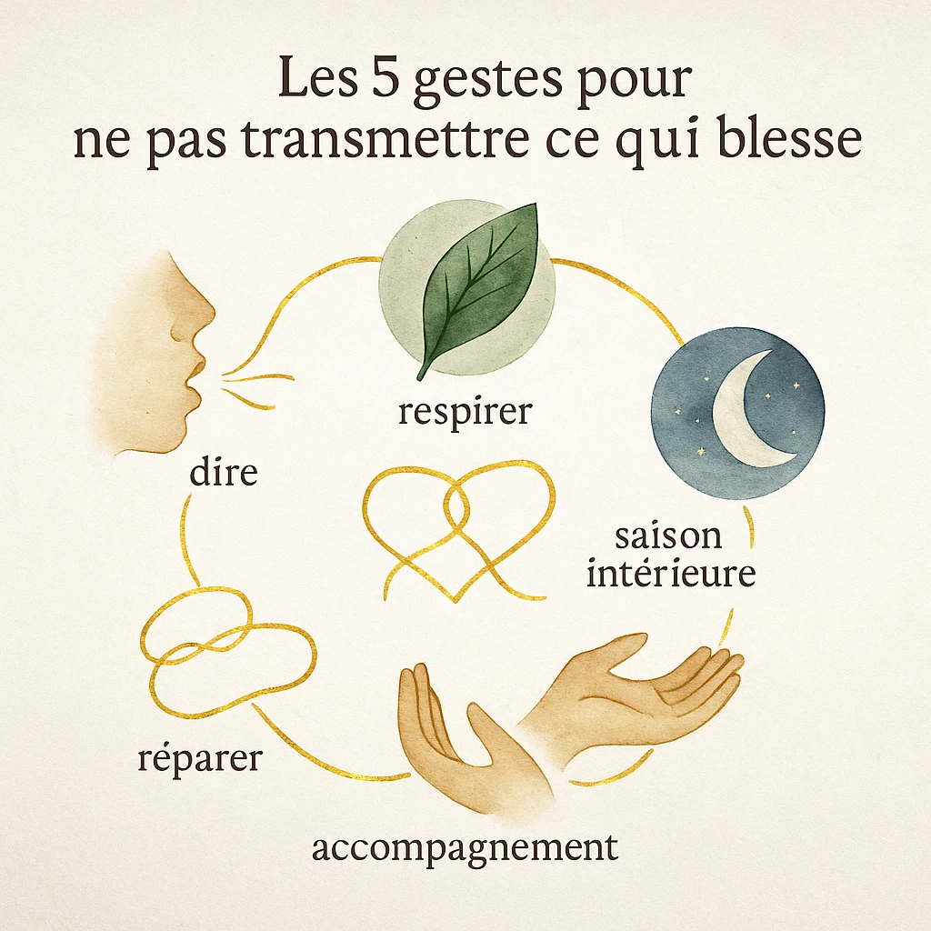 Infographie poétique illustrant cinq gestes pour éviter la transmission des traumas : dire, respirer, réparer, créer une saison intérieure, se faire accompagner.