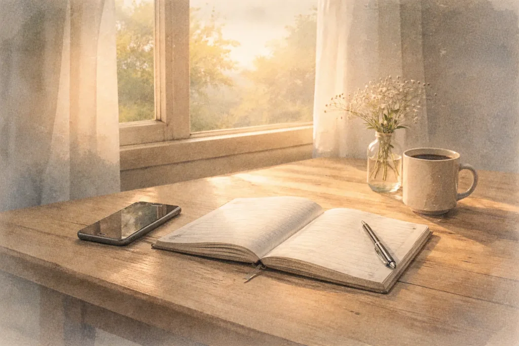 Table en bois, smartphone éteint et carnet ouvert — vivre avec la technologie sans s’y perdre.