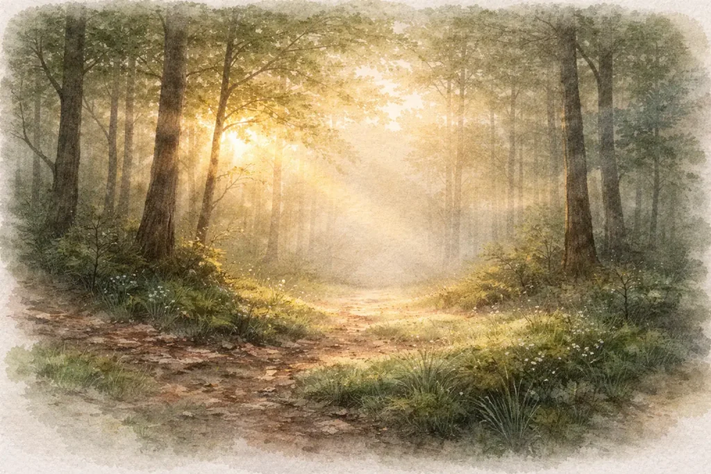 Clairière forestière au petit matin, lumière douce entre les arbres — habiter la Terre comme un être vivant parmi les vivants.