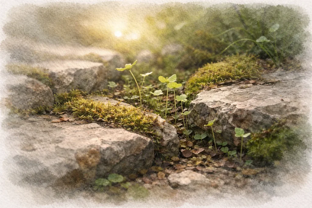 Petites plantes et mousse poussant entre des pierres — résilience du vivant et continuité de la vie.