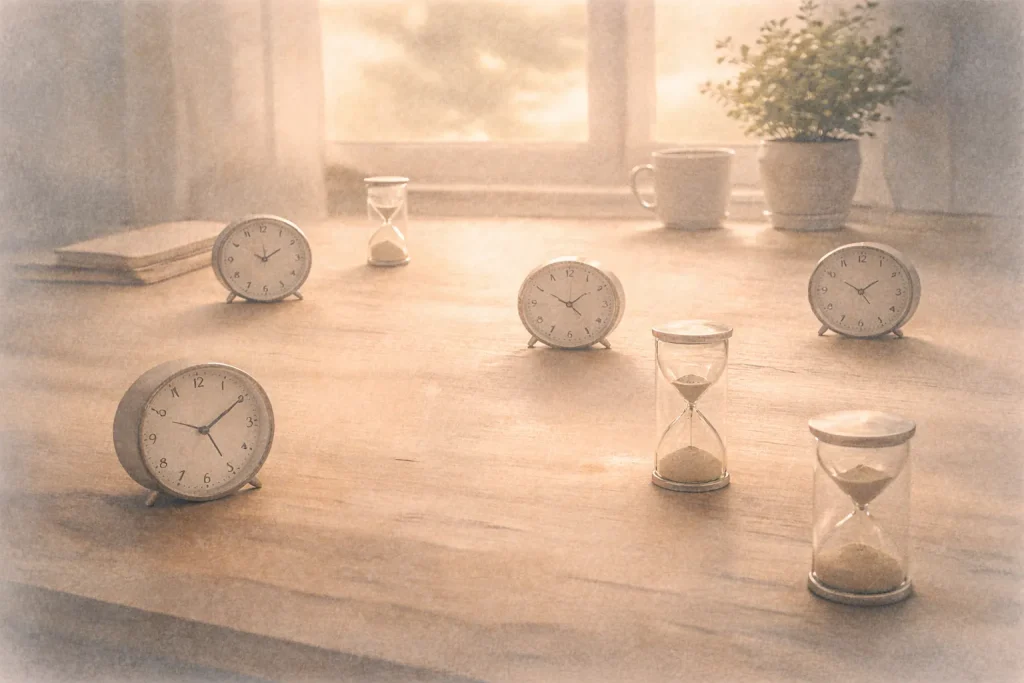 Temps fragmenté symbolisé par des horloges dispersées — fatigue numérique et surcharge attentionnelle.