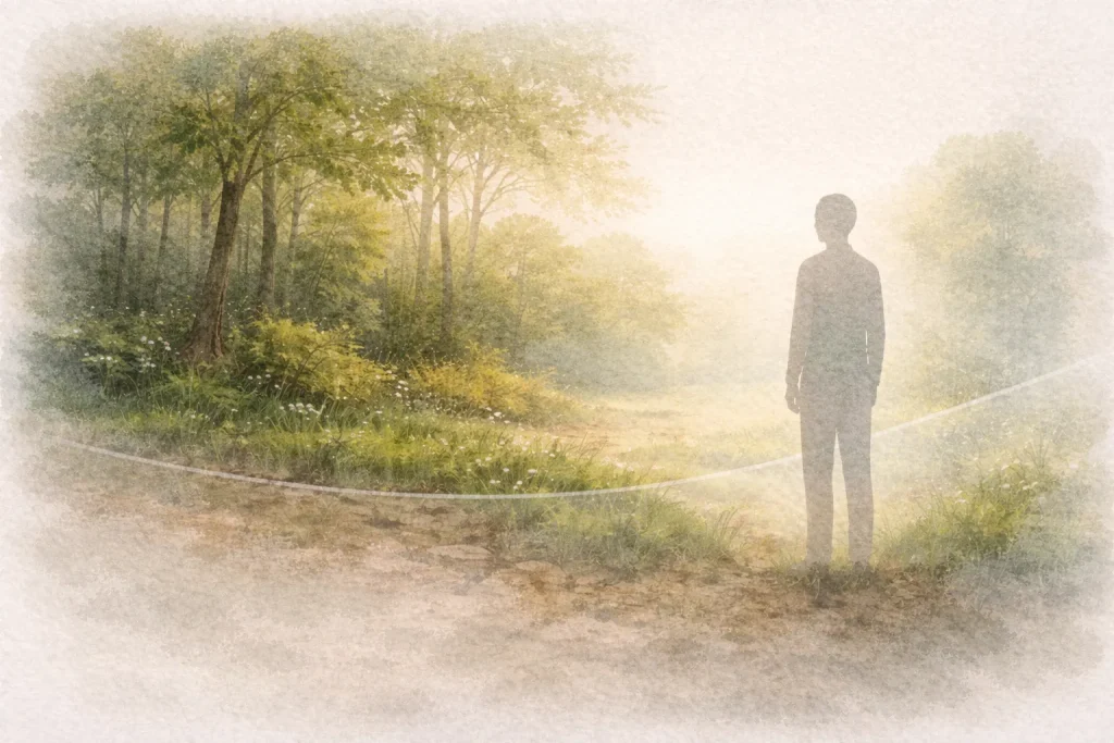 Silhouette humaine légèrement séparée d’un paysage naturel — sentiment de distance entre l’humain et le vivant, crise du lien écologique.