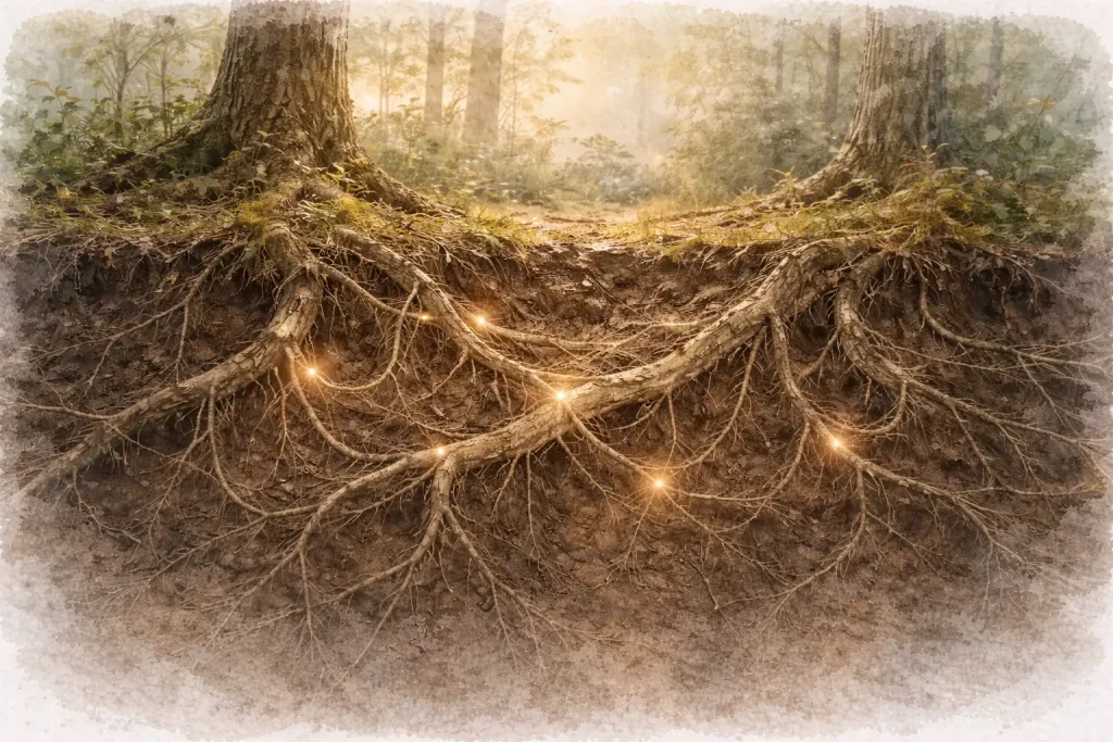 Racines d’arbres entrelacées sous la terre, illustrant la coopération du vivant et l’interdépendance naturelle.