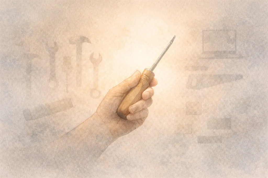 Main humaine tenant un outil simple, les autres outils s’effacent — choisir comment vivre avec la technologie sans s’y perdre.