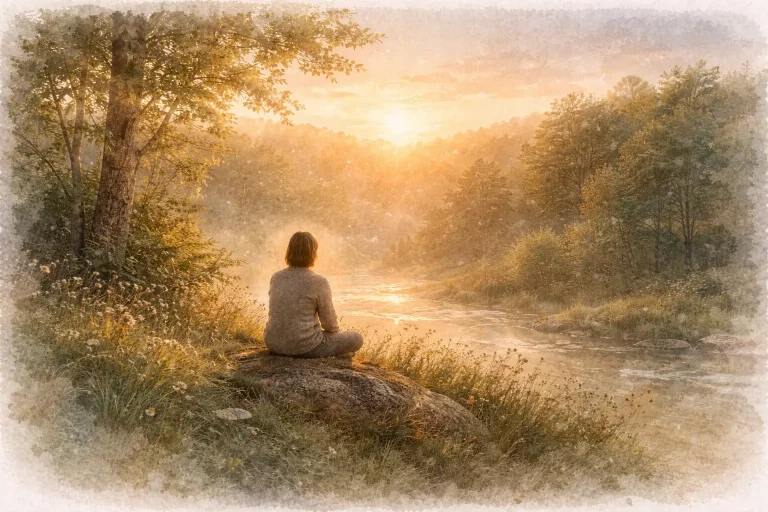 Silhouette humaine assise dans un paysage naturel au coucher du soleil, présence calme et relation au vivant.