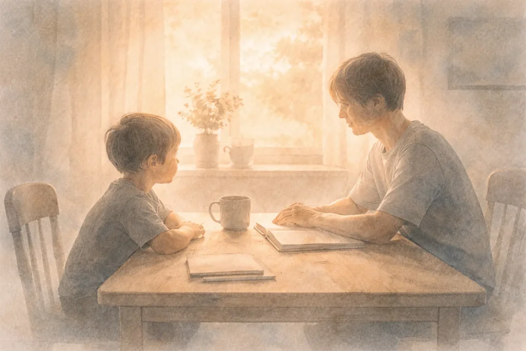 Adulte et enfant assis ensemble sans écran, présence partagée — transmettre un rythme humain pour vivre avec la technologie sans s’y perdre.