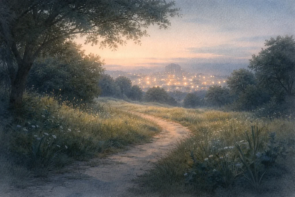 Chemin paisible entre nature et lumières urbaines — trouver un équilibre pour vivre avec la technologie sans s’y perdre.