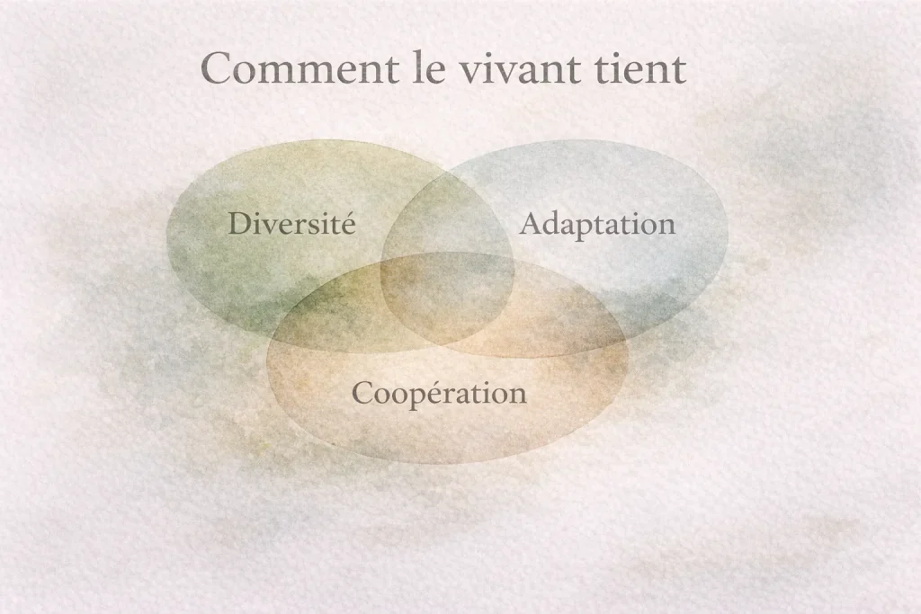Infographie douce montrant comment le vivant tient grâce à la diversité biologique, l’adaptation et la coopération.