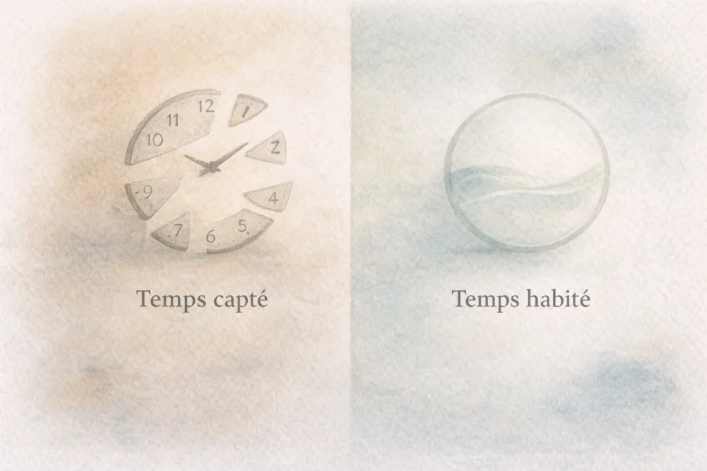 Infographie poétique montrant deux rapports au temps : un temps fragmenté capté par l’économie de l’attention et un temps habité, calme et respirable.
