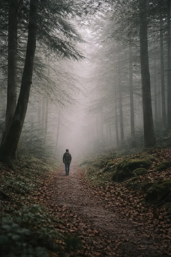 Silhouette marchant lentement sur un sentier de forêt brumeuse au petit matin, lumière douce et espace calme — illustration pour un article sur écrire en marchant.