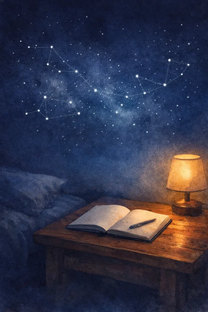 Écrire le soir avant de dormir : carnet ouvert sous un ciel bleu nuit et constellations, pour apaiser le mental et faciliter l’endormissement.