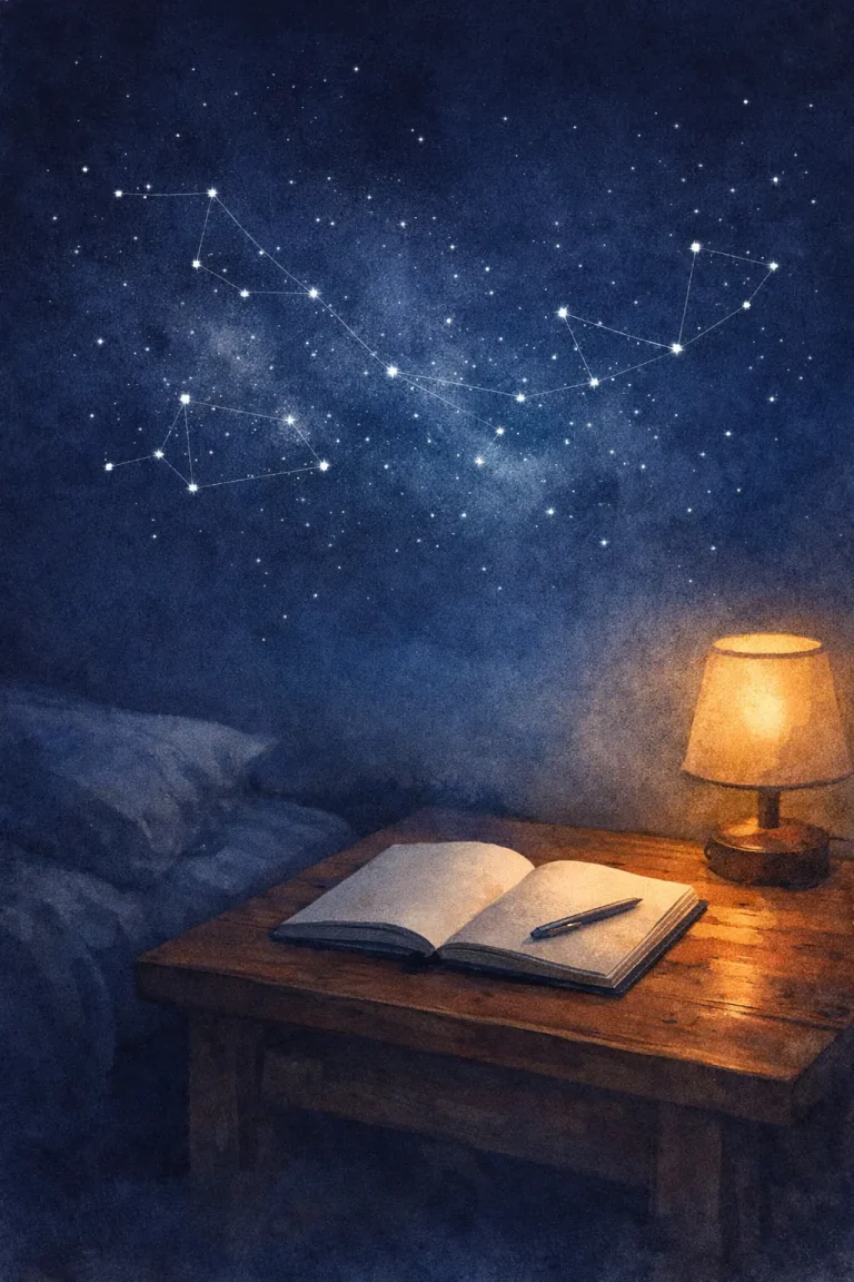Écrire le soir avant de dormir : carnet ouvert sous un ciel bleu nuit et constellations, pour apaiser le mental et faciliter l’endormissement.