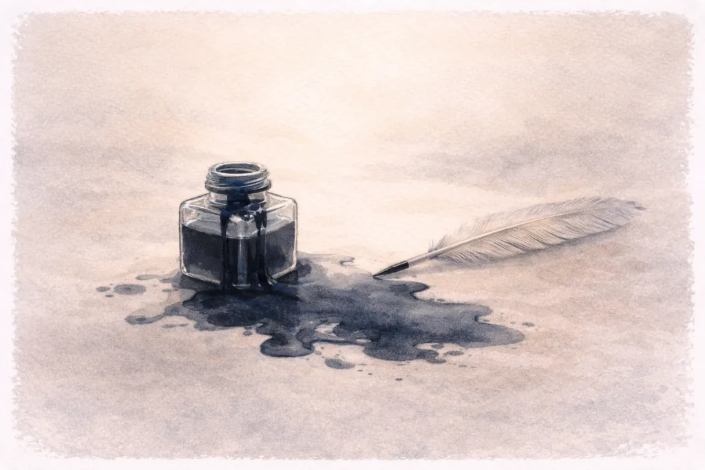 Écrire quand ça déborde : une plume et un encrier laissant l’encre déborder doucement, symbole de l’écriture pour déposer ses émotions sans analyser