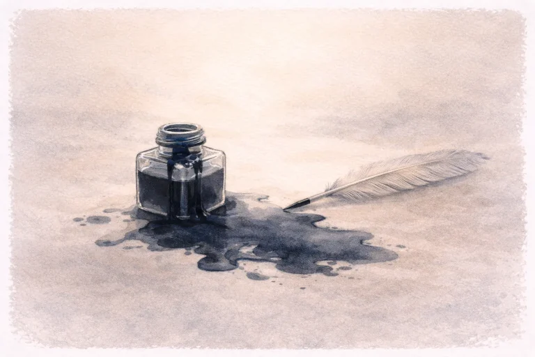 Écrire quand ça déborde : une plume et un encrier laissant l’encre déborder doucement, symbole de l’écriture pour déposer ses émotions sans analyser