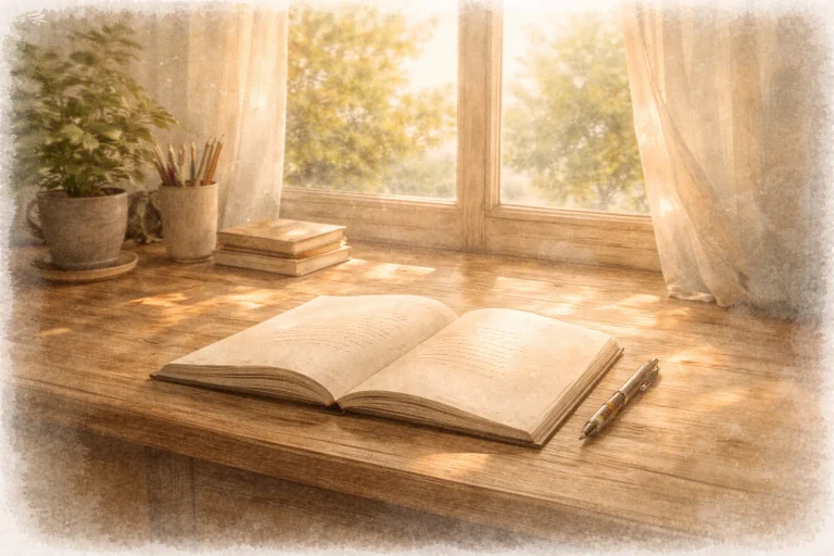 Carnet ouvert sur un bureau calme, lumière du matin — écrire sans savoir écrire pour déposer ses émotions sans jugement.