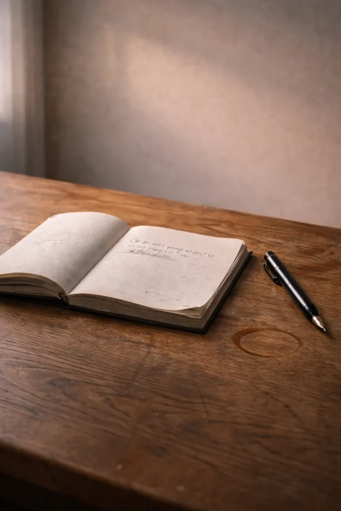 Carnet usé ouvert avec trace de café sur table en bois, symbole du besoin humain de laisser une trace par l’écriture pour tenir et préserver la mémoire humaine.