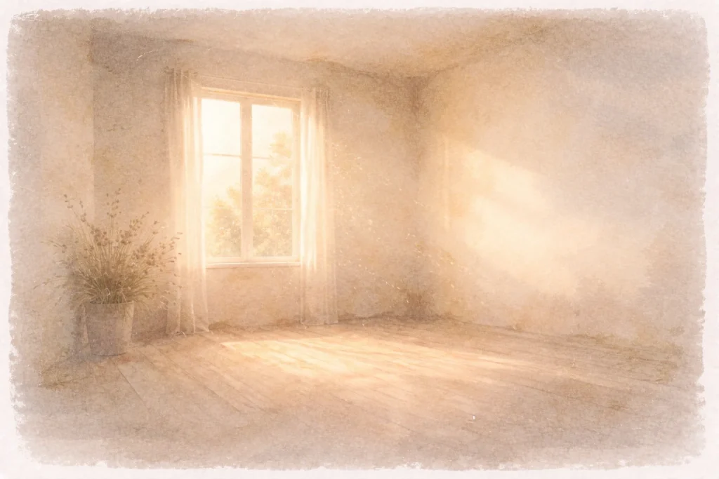 Espace calme baigné de lumière du matin, symbolisant écrire quand les mots ne viennent plus et le besoin de refuge intérieur.