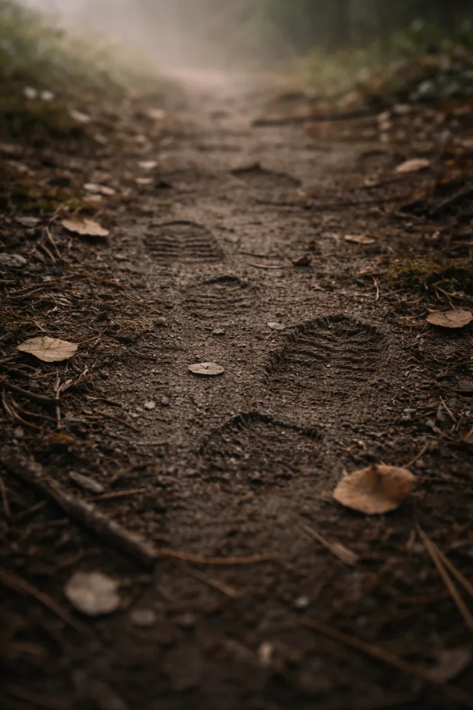 Traces légères de pas dans un sol forestier humide, lumière douce du matin et feuilles dispersées — illustration pour un article sur écrire en marchant.