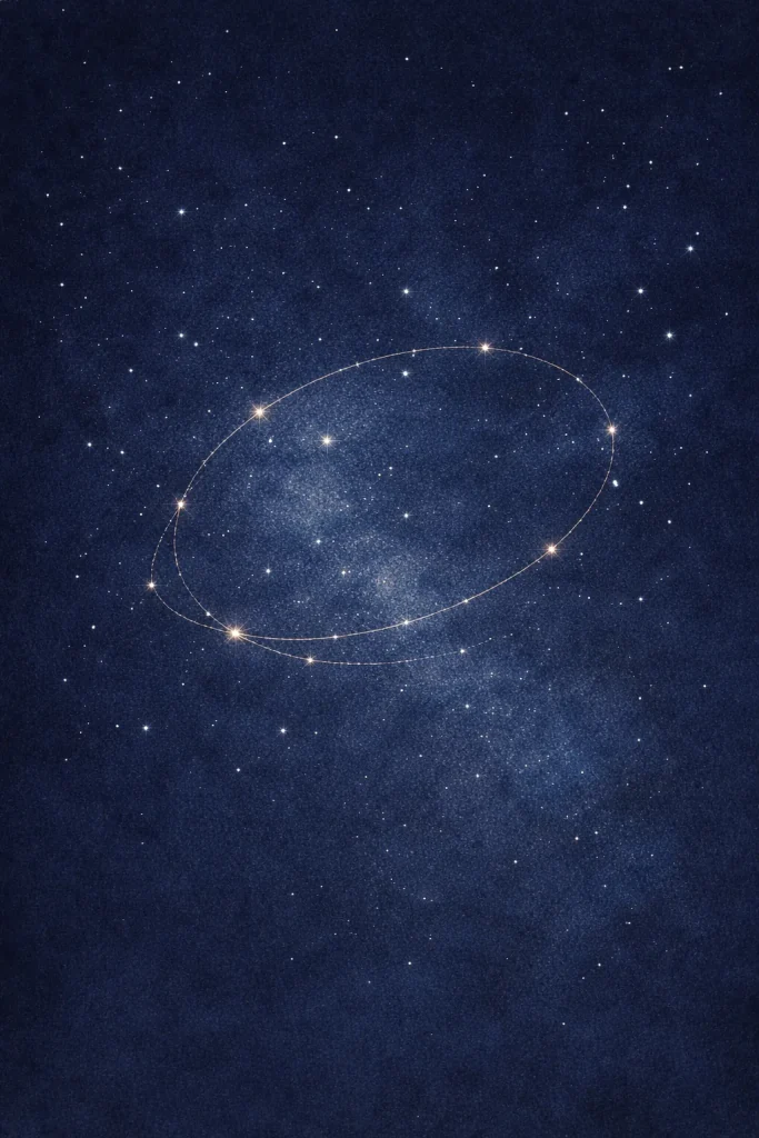 Constellation formant une boucle lumineuse dans un ciel bleu nuit, métaphore de la rumination nocturne et des pensées qui tournent avant le sommeil.