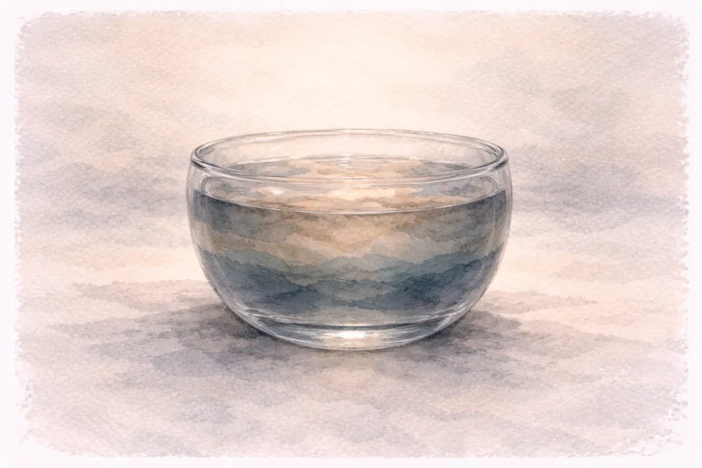 Contenant translucide rempli de couches de couleurs évoquant une saturation émotionnelle, illustrant écrire quand ça déborde sans analyser