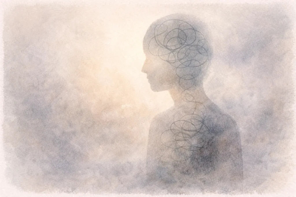 Silhouette translucide immobile, lignes répétitives dans la tête et la poitrine — écrire sans savoir écrire pour déposer ses émotions.