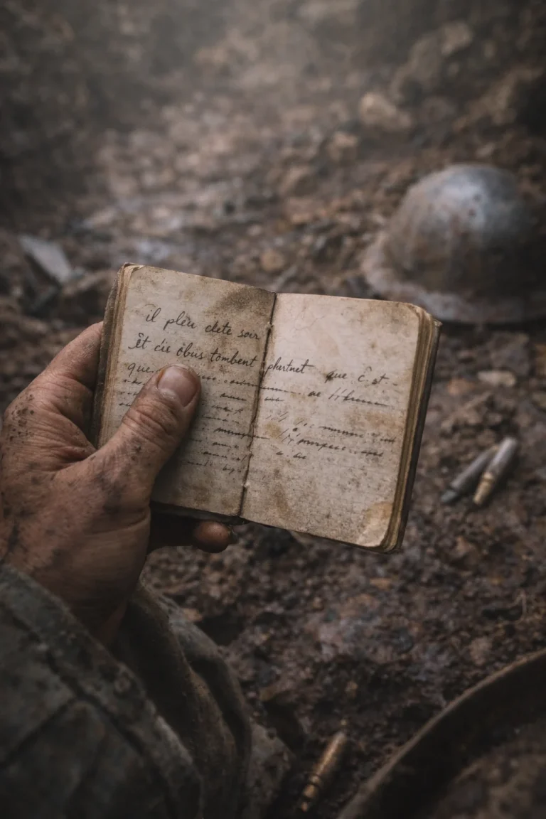 Carnet usé tenu dans une tranchée pendant la Première Guerre mondiale, symbole de l’écriture de survie et du besoin humain de laisser une trace pour rester humain.