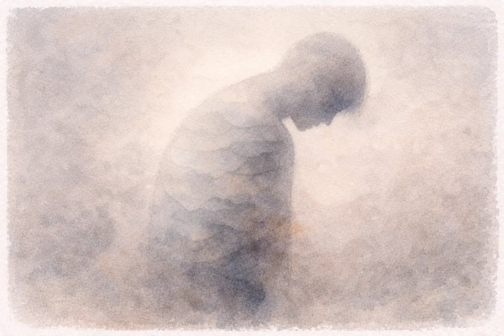 Silhouette courbée en aquarelle, saturation mentale silencieuse — écrire quand les mots ne viennent plus, blocage écriture et fatigue mentale.