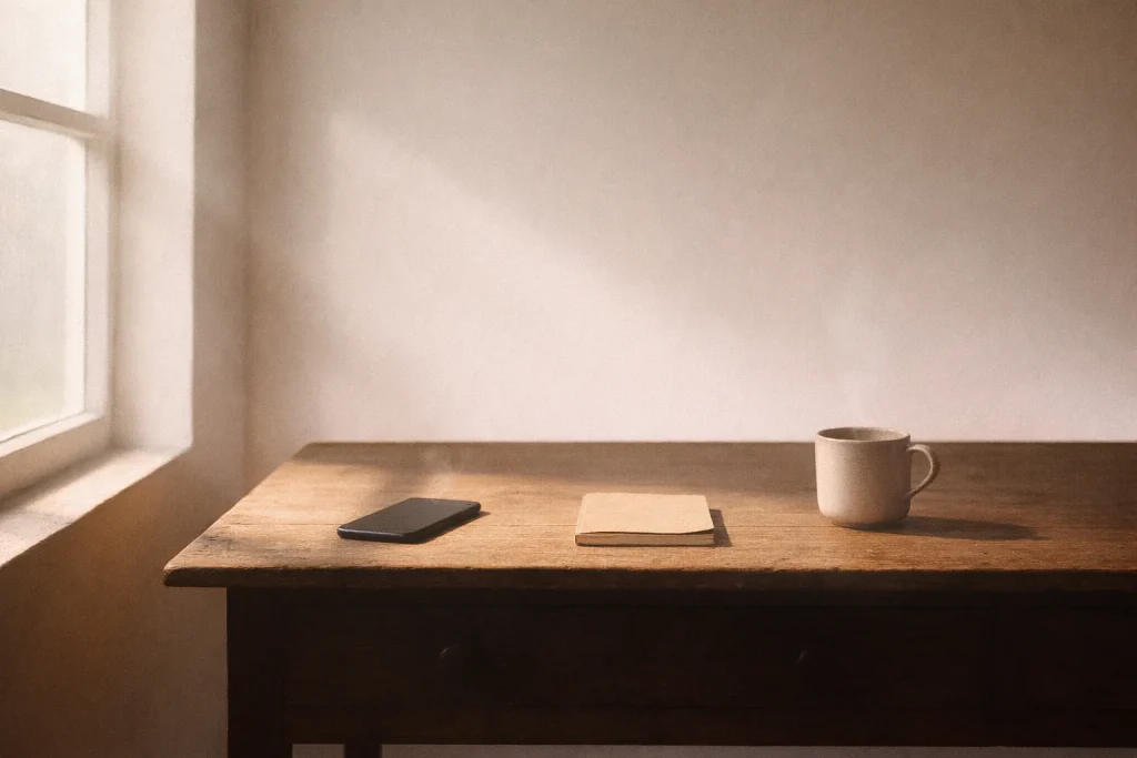 Table en bois éclairée par une lumière naturelle latérale, smartphone posé face contre table près d’un carnet fermé et tasse chaude — image pour un article sur écrire en marchant.