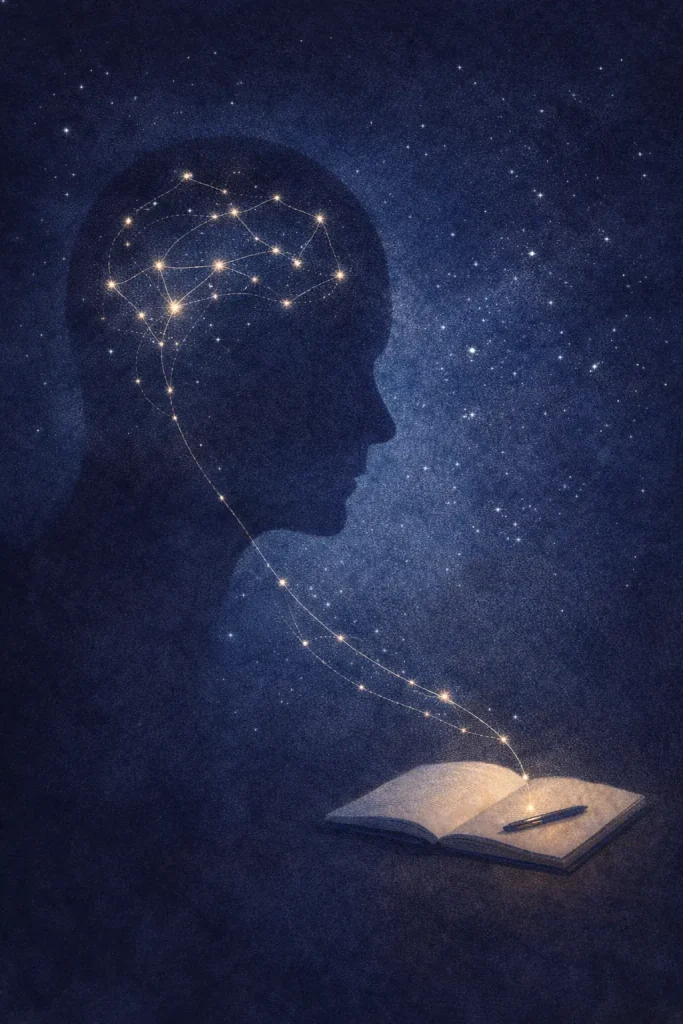 Silhouette en bleu nuit avec constellations lumineuses dans la tête reliées à un carnet ouvert, illustrant écrire le soir avant de dormir pour calmer le mental.