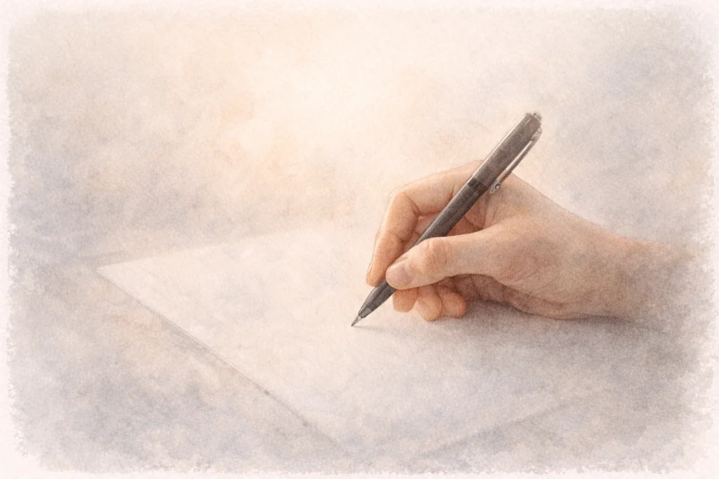 Main tenant un stylo au-dessus d’une feuille presque blanche — écrire sans savoir écrire comme geste pour déposer ses émotions.