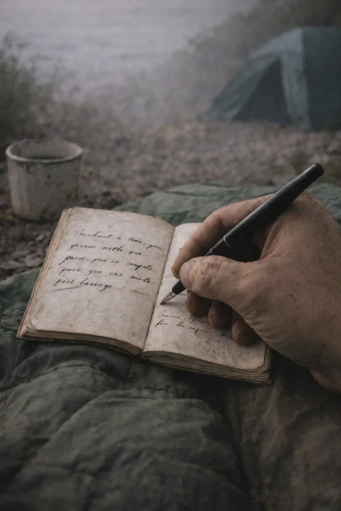 Main écrivant dans un carnet usé près d’une tente, symbole de l’écriture comme refuge et du besoin humain de laisser une trace pour traverser.