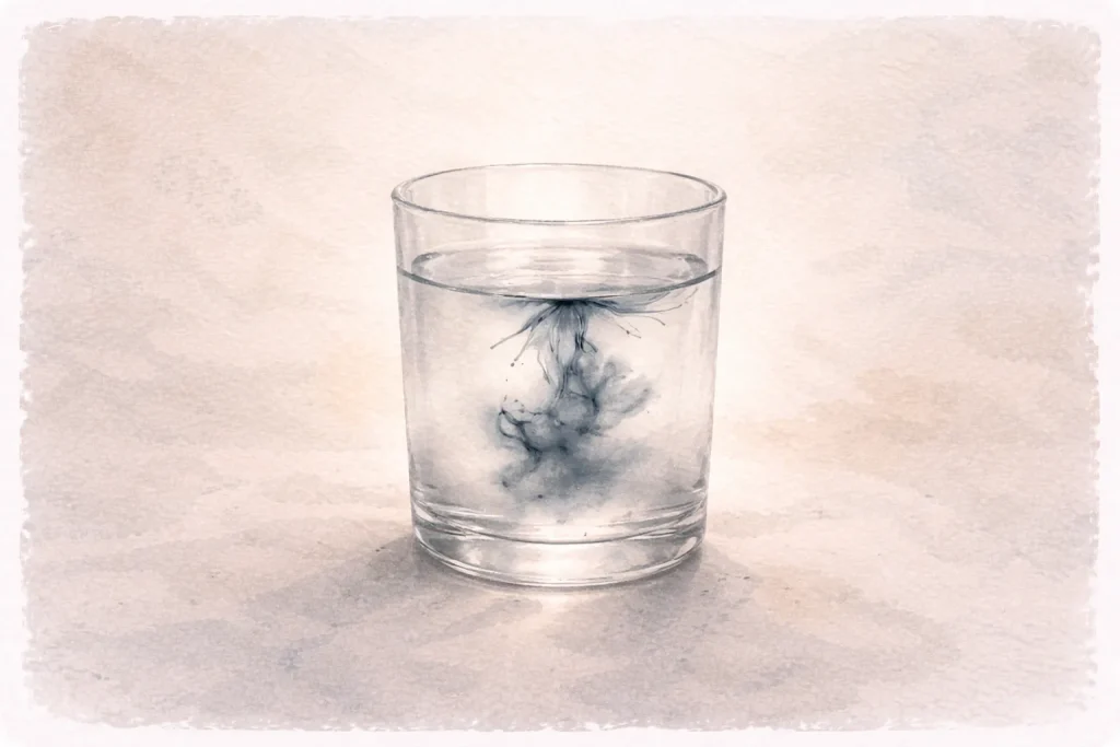 Goutte d’encre se diffusant lentement dans un verre d’eau, métaphore du blocage d’écriture et de la fatigue mentale.