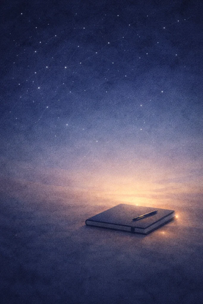 Carnet fermé sous un ciel bleu nuit qui s’éclaircit vers l’aube, illustrant écrire le soir avant de dormir pour apaiser le mental et favoriser l’endormissement.