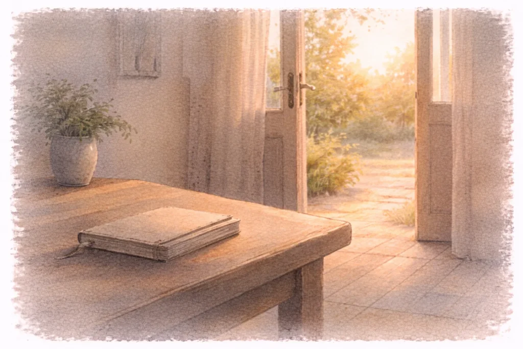 Carnet fermé posé sur une table près d’une porte entrouverte — écrire quand ça déborde pour déposer ses émotions sans analyser.